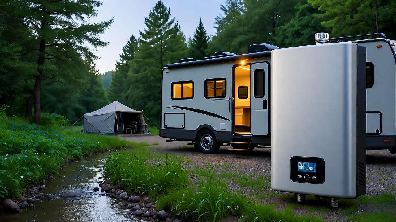 Eco-friendly hybrid RV tankless water heater in use at a serene campsite with greenery and stream