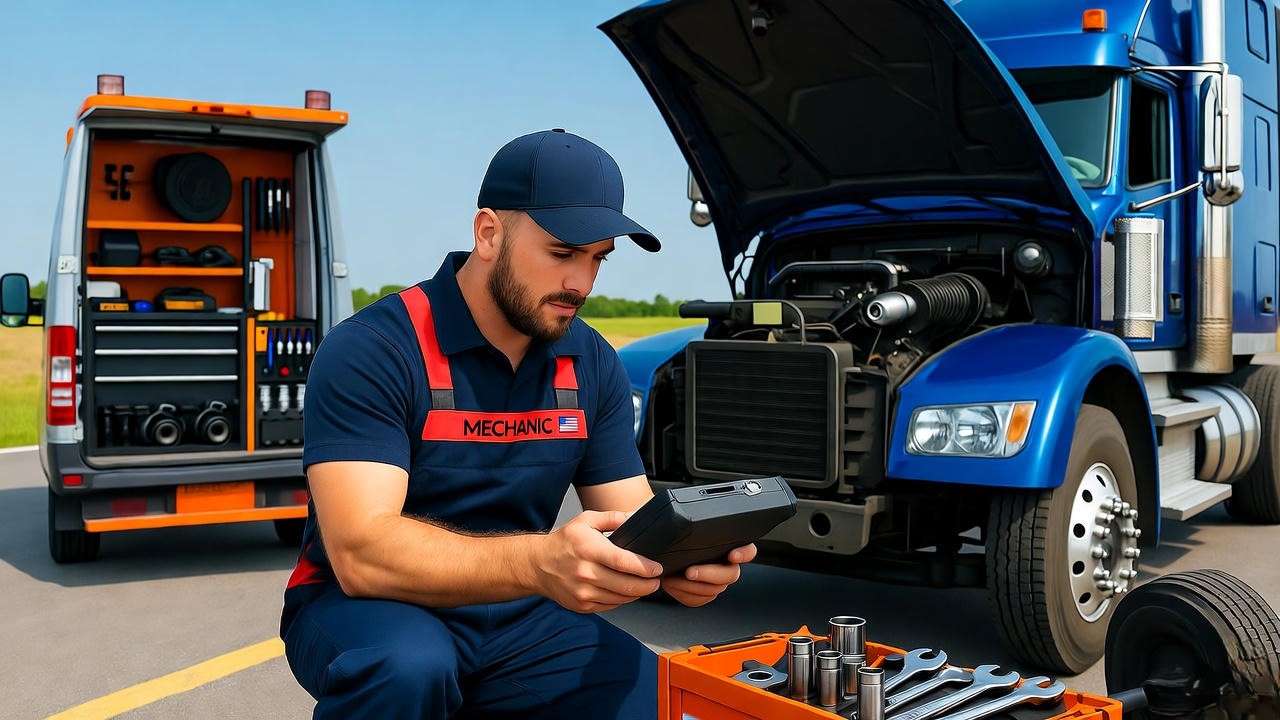 Professional mechanic performing mobile truck repair on a semi-truck engine using diagnostic tools on a highway