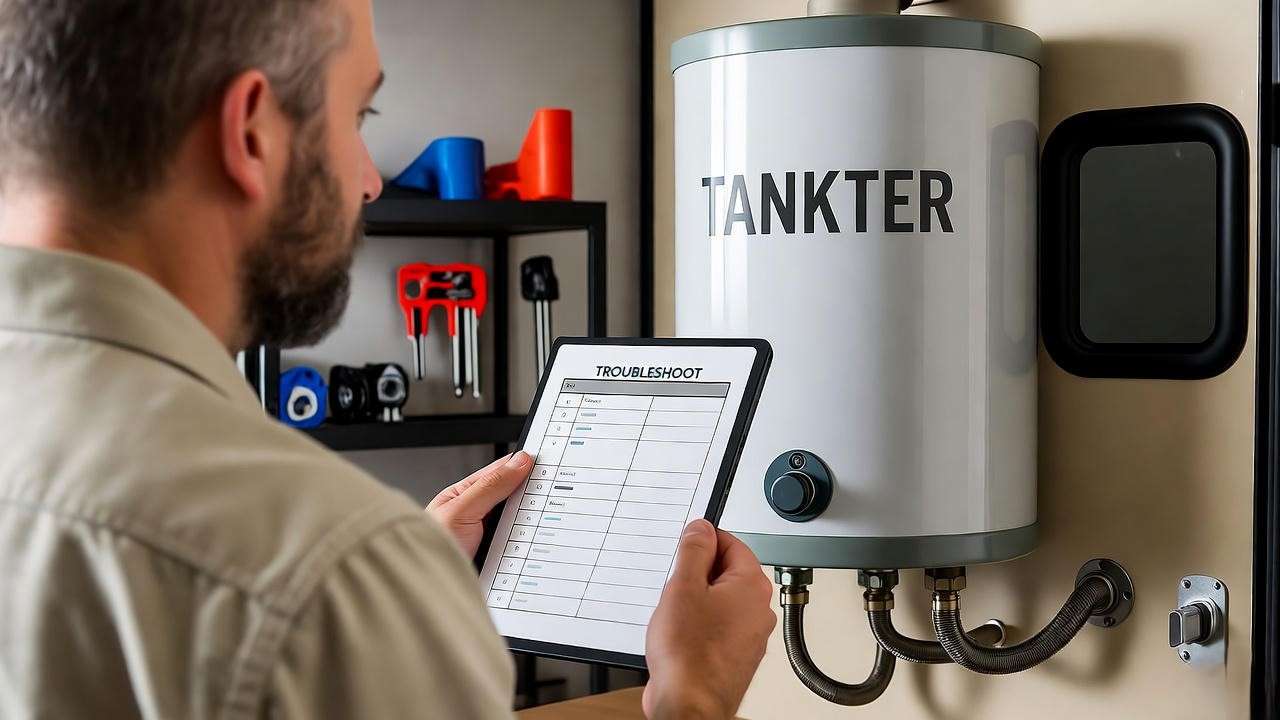 RV camper troubleshooting a tankless water heater with checklist in an organized garage.