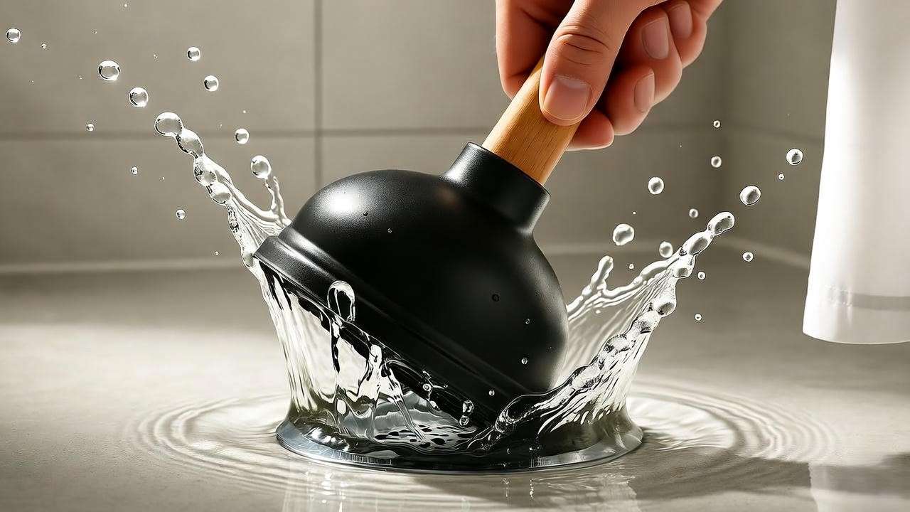 Hand using a flat-bottom plunger to unclog a shower drain with splashing water in a modern bathroom