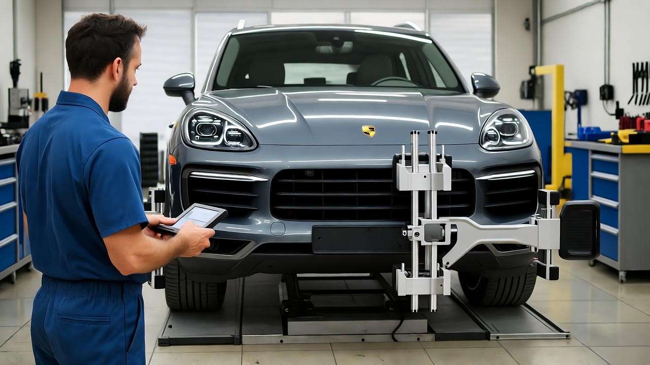 Technician using 3D wheel alignment system on a Porsche Cayenne in a high-tech repair shop