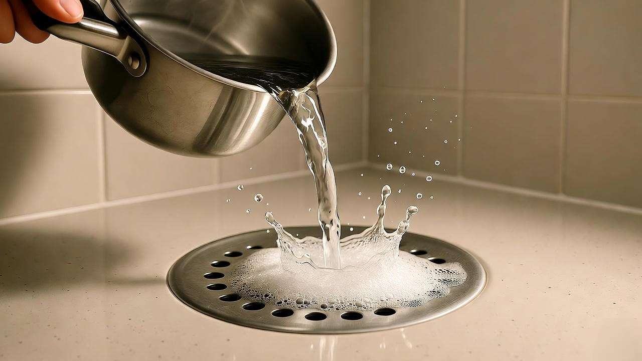 Pouring boiling water and baking soda into a shower drain to unclog it in a minimalist bathroom.