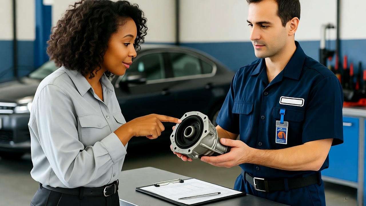Customer discussing repair estimate with mechanic pointing at a car transmission in a garage