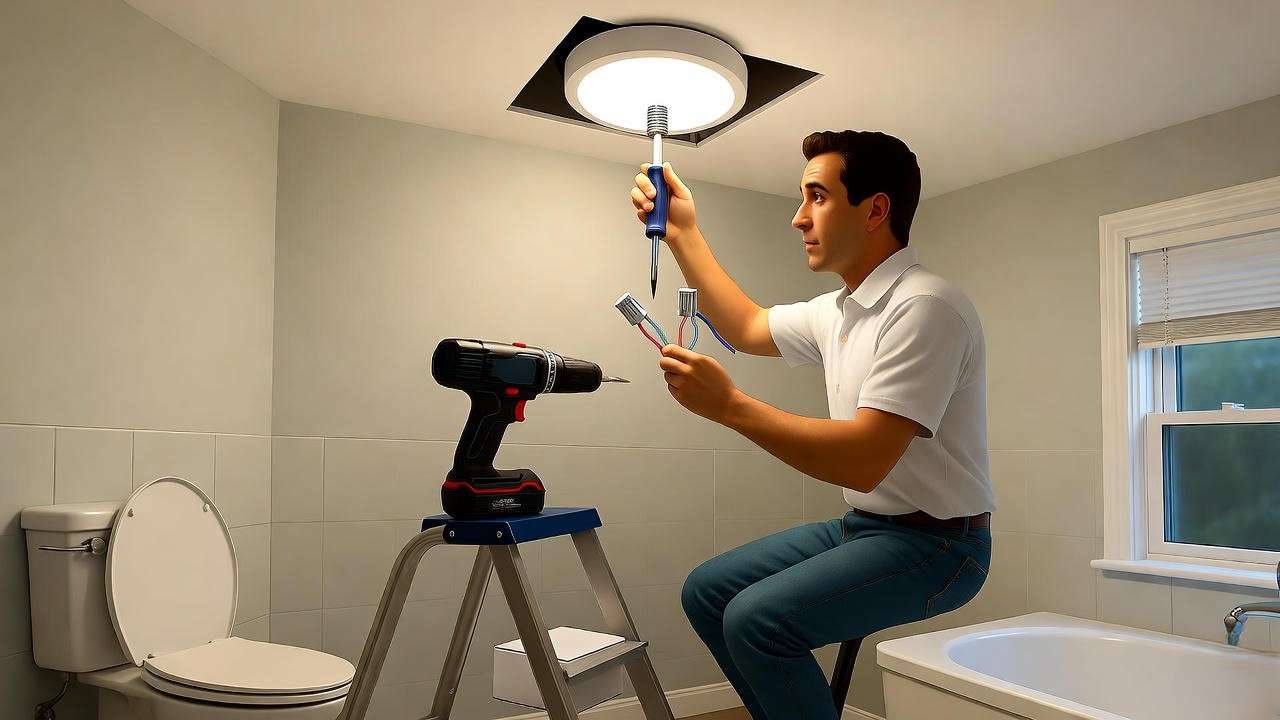 Safe installation of light fitting for bathroom ceilings with tools and proper wiring for efficiency.