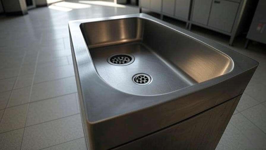 Industrial mop sink with high-capacity drain and sloped basin for efficient water flow.