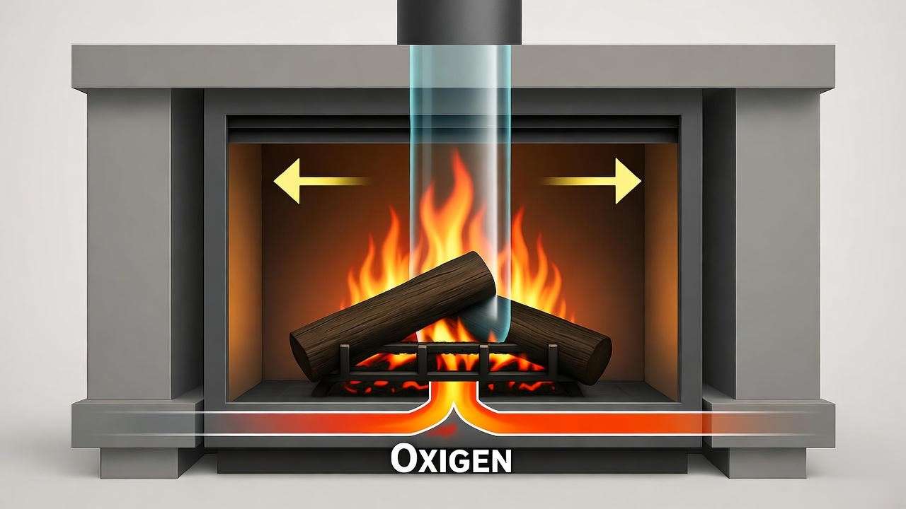 Illustration of optimized fireplace airflow for efficient combustion and reduced smoke.