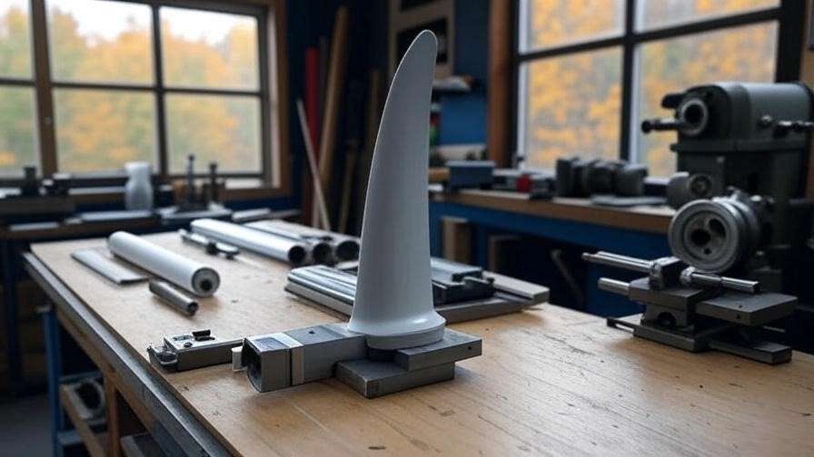 Wind turbine blade prototype and technical drawings in a workshop, honoring Dr. John Stedman Stewart's engineering legacy in North Carolina
