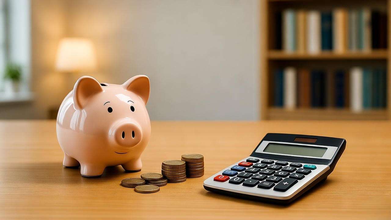 Piggy bank and calculator on desk symbolizing budgeting for daycare costs
