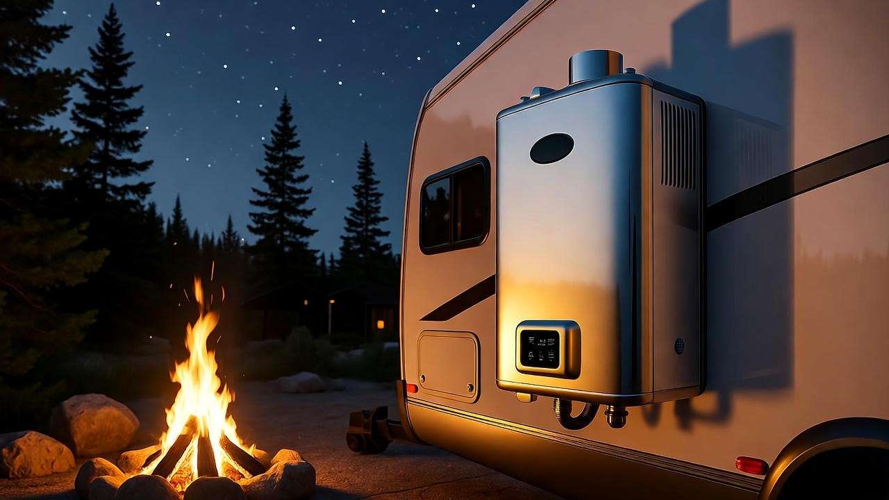 Compact propane RV tankless water heater mounted on an RV at a scenic campsite with campfire and stars