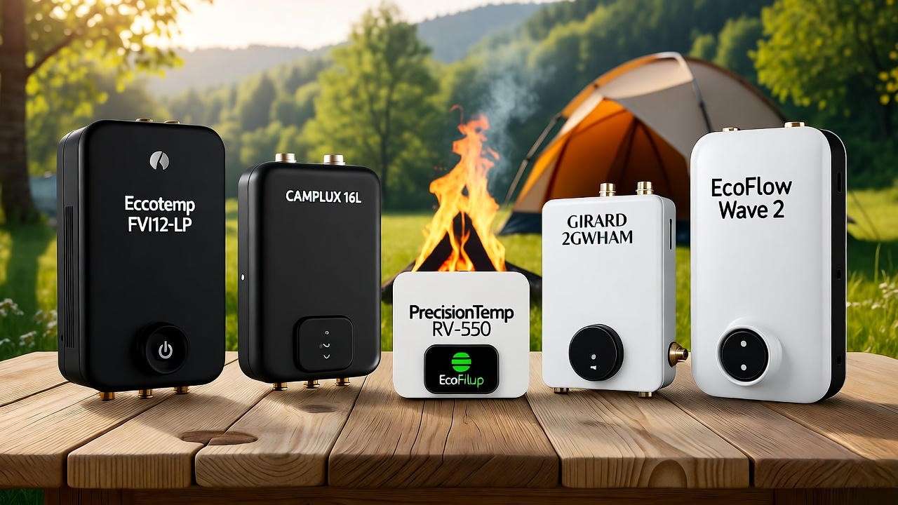 ollage of top RV tankless water heater models on a wooden table at a campsite with campfire