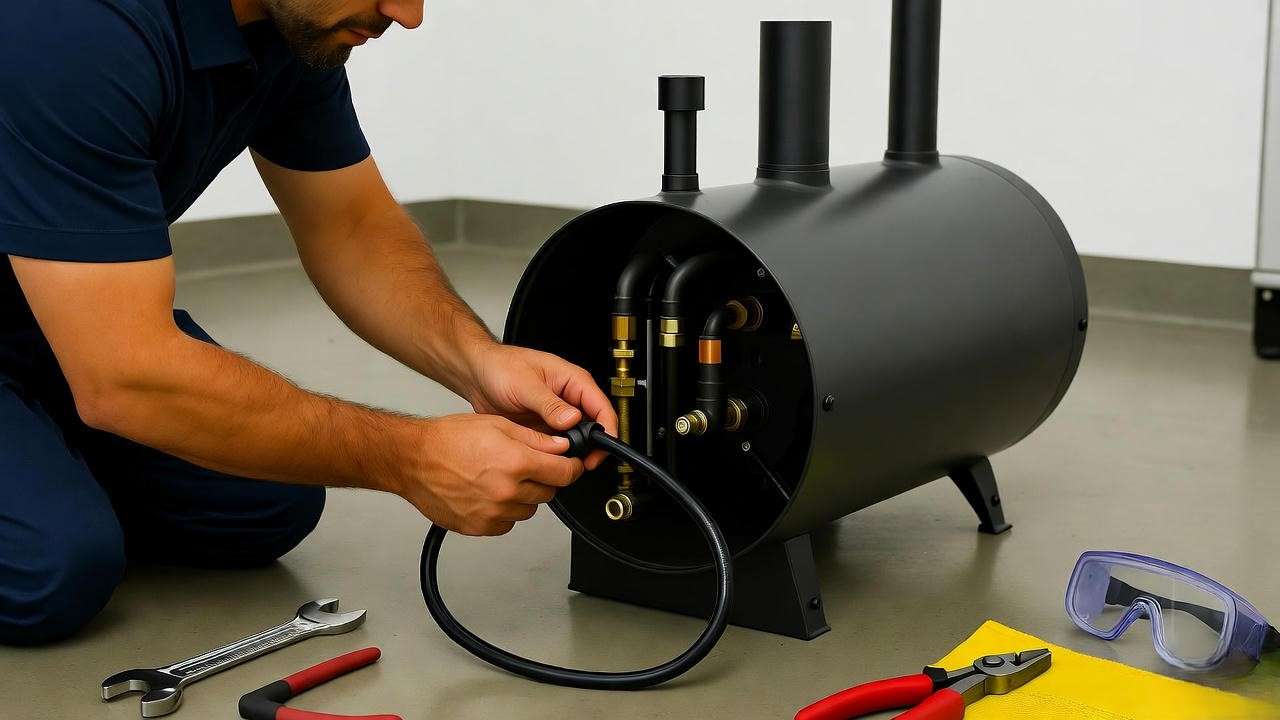 Installing waste oil heater with flue and fuel setup