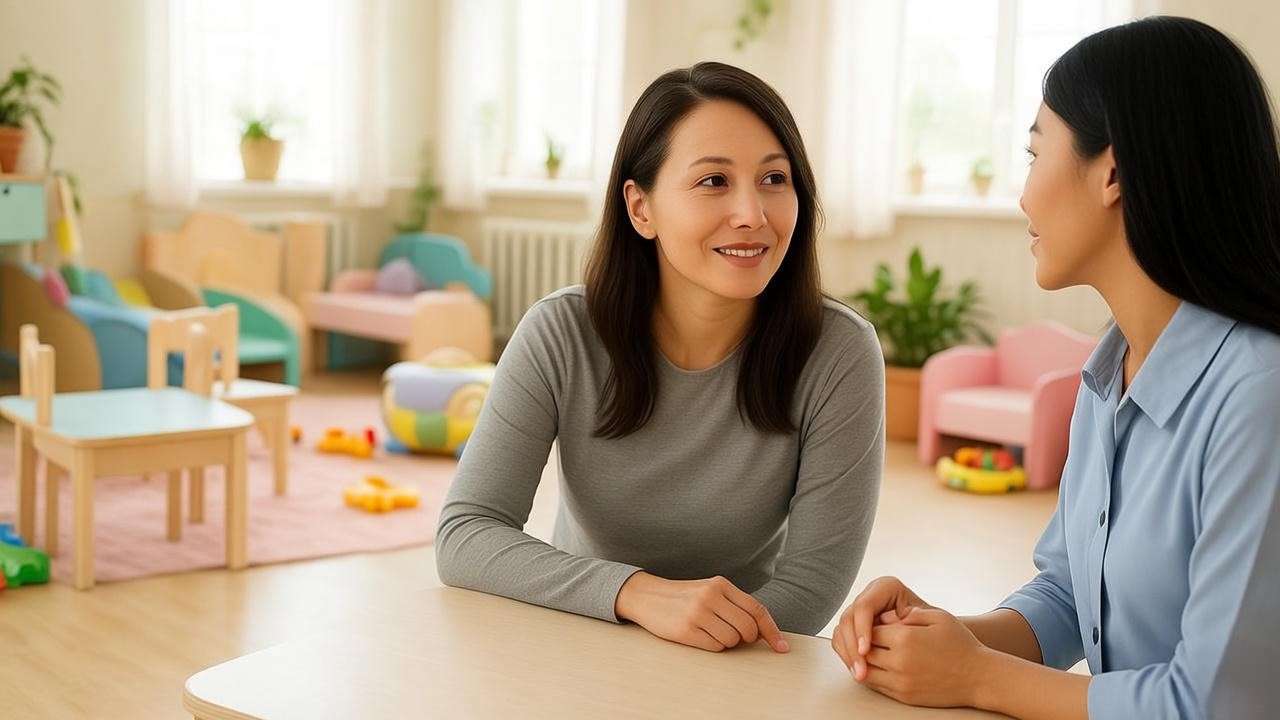 Parent discussing schedules with daycare provider in a welcoming environmen