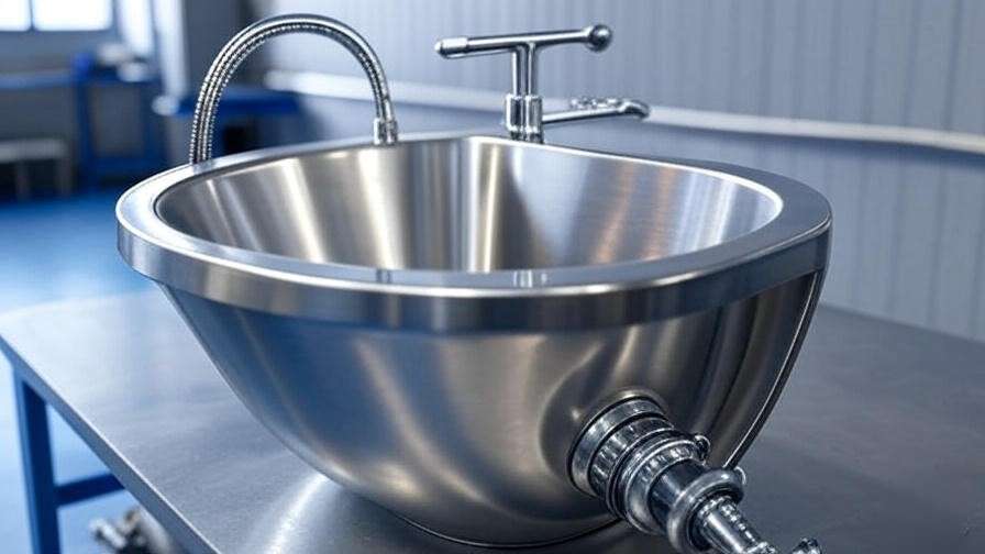 Modern stainless steel mop sink with ergonomic design in an industrial workshop.