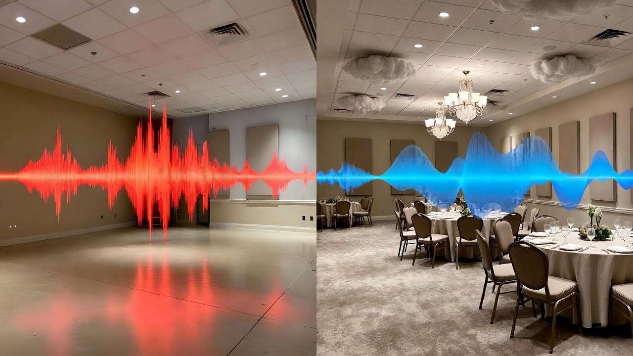 Before and after acoustic treatment transformation for optimal baby shower venue sound quality