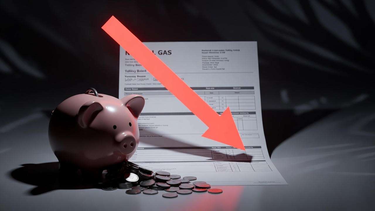 Natural gas bill with large savings arrow and piggy bank showing tankless water heater cost reduction