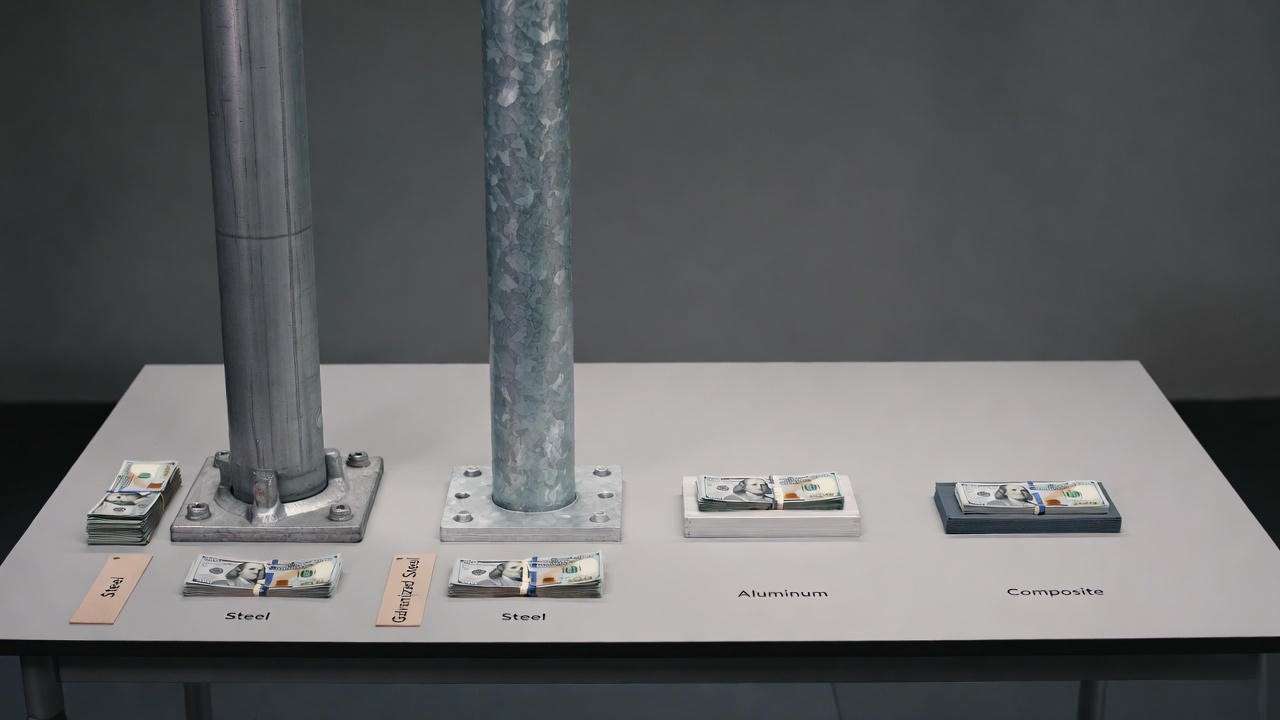 Visual 20-year ownership cost comparison of steel vs aluminum vs composite outdoor lighting poles