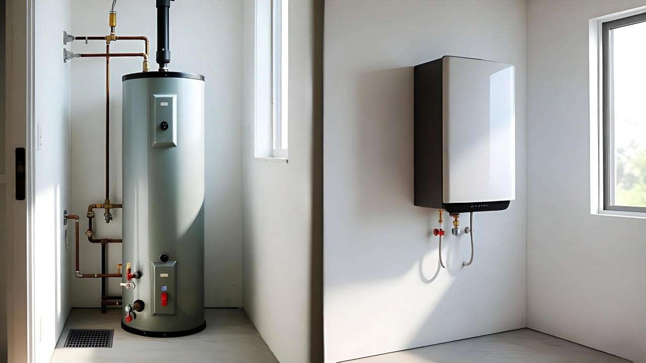 Side-by-side comparison of tank vs tankless water heater installation space