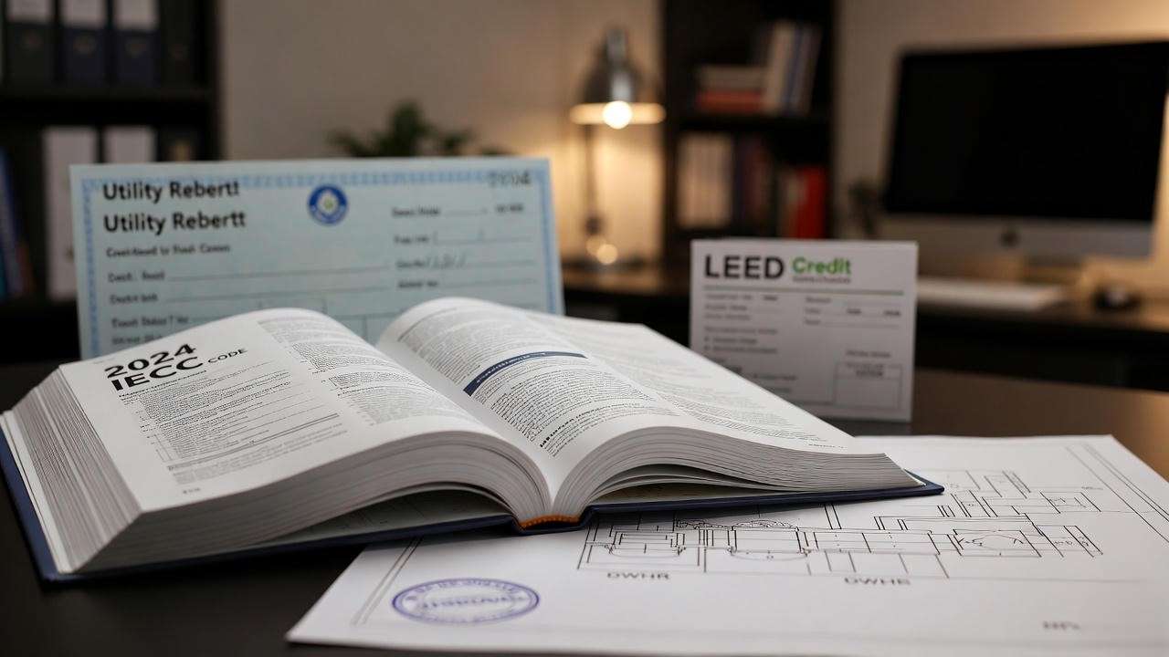 Approved code-compliant public shower heat recovery drawings with utility rebate documentation