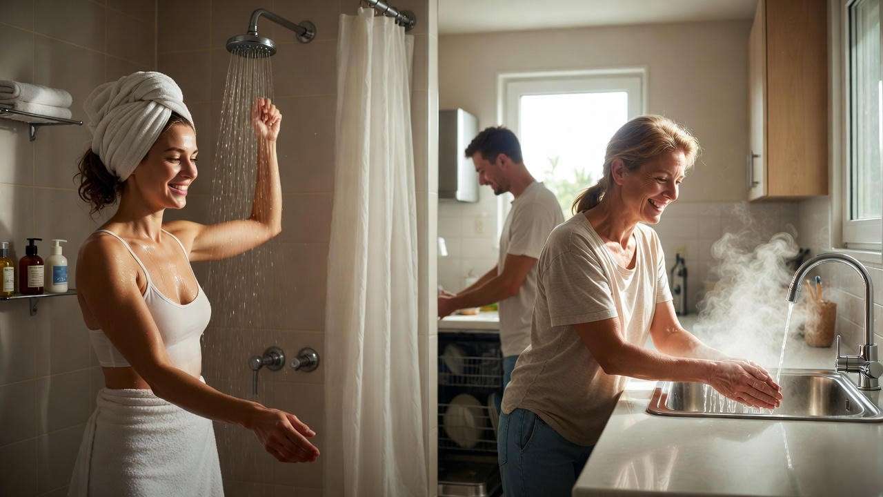 Family using multiple hot water fixtures simultaneously with tankless system
