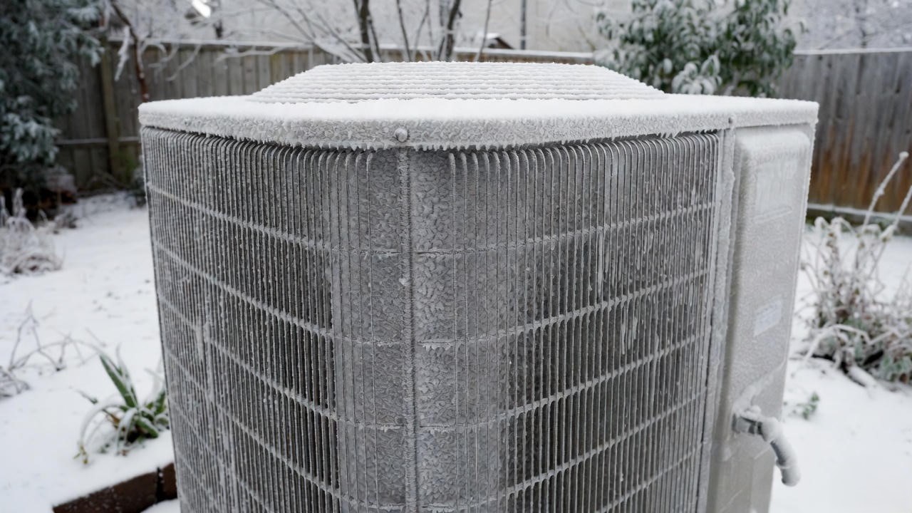 Frosted heat pump outdoor unit in winter snow showing ice buildup on coils.