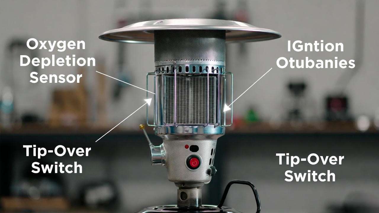 Safety features of small propane heater for workshop use