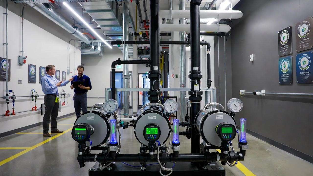 Large-scale public shower heat recovery installation in a university dormitory mechanical room