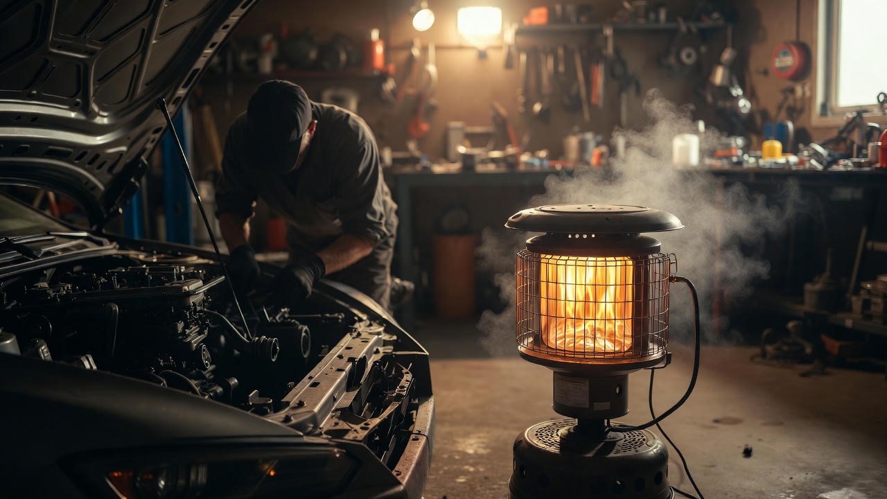 Small propane heater in use during garage workshop project