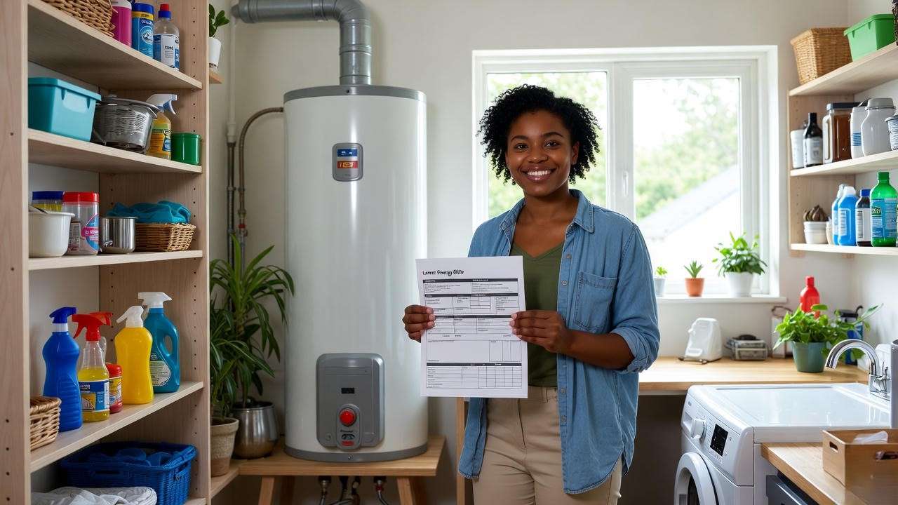 Satisfied homeowner with new energy-efficient tankless water heater1 / 2
