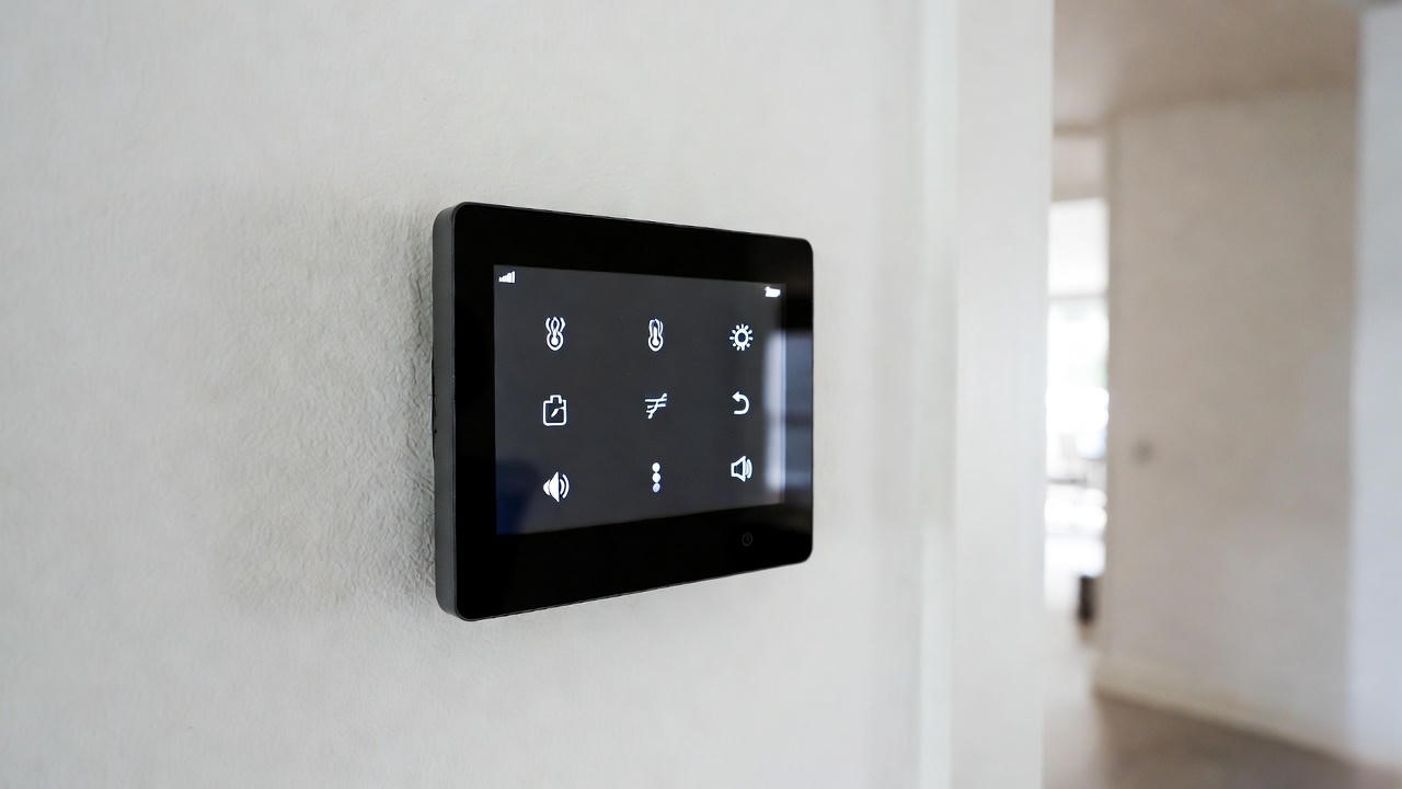 Modern smart thermostat on wall for heat pump control and auxiliary heat optimization.