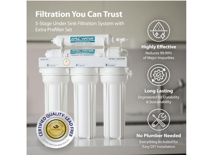 APEC Water Systems ROES-50 Essence Series Top Tier 5-Stage WQA Certified Ultra Safe Reverse Osmosis Drinking Water Filter System with Extra High Capacity