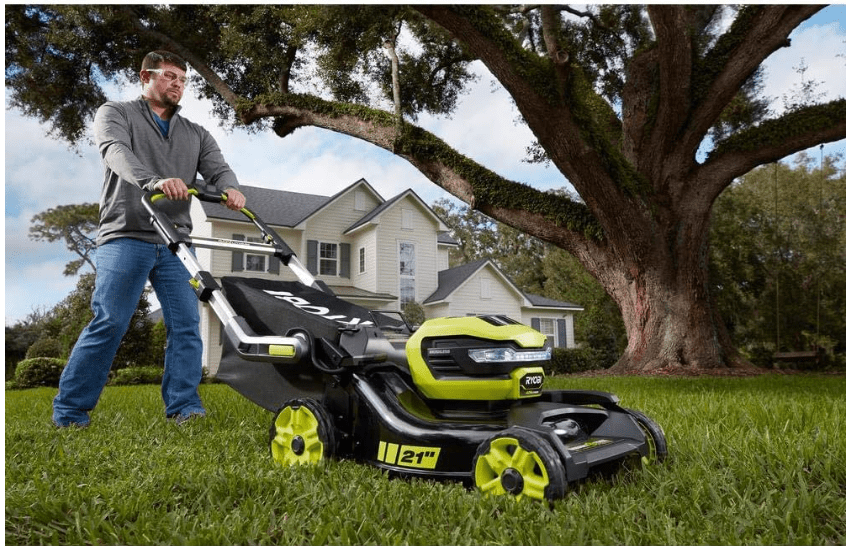  RYOBI RY40LM10-Y 21 in. 40-Volt Brushless Lithium-Ion Cordless Smart Trek Self-Propelled Walk Behind Mower with 6.0Ah Battery and Charger