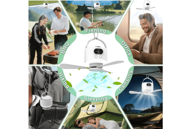  geonfi Wireless Portable Ceiling Fan with Remote, 3-Blade Design, 10040mAh Battery Operated, USB Rechargeable Hanging Fan with Hook for Tent, Camping