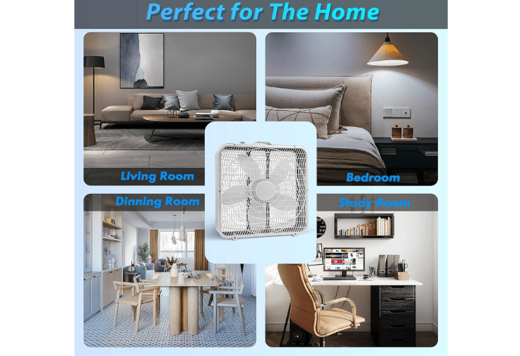  Comfort Zone Box Fan with Carry Handle, 20 inch, 3 Speed Full-Force Air Circulation Window Fan, Bedroom Floor Fan with 5 Blades, White Noise Cooling Fan, White