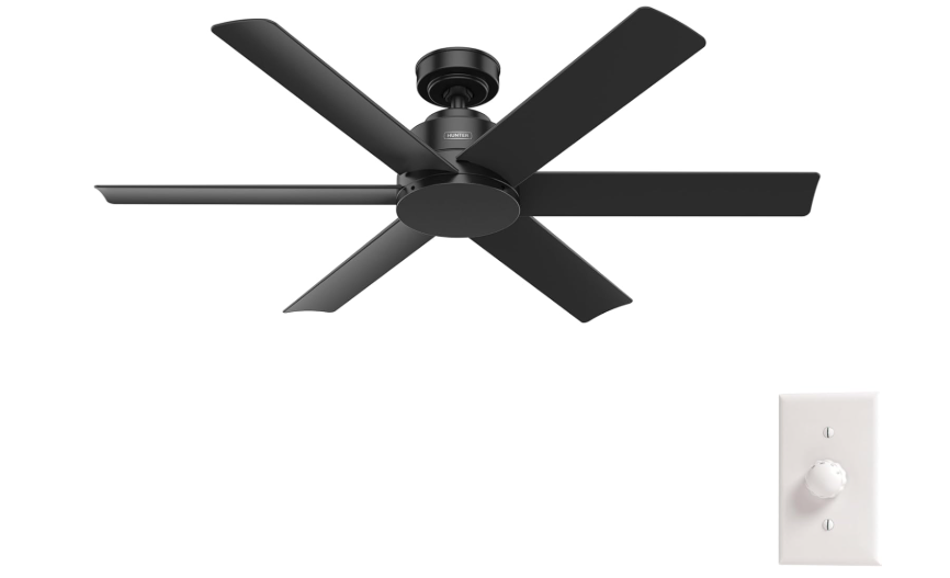  Hunter 52 inch Outdoor or Indoor Ceiling Fan No Light - Black Ceiling Fan without Light, For Patio, Porch, Garage, or Living Room, Standard Mount, 6 Blades,