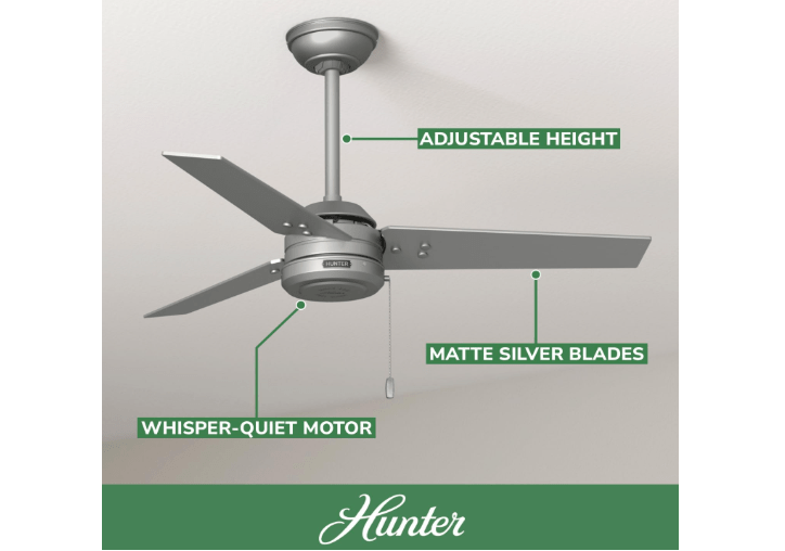  Hunter 44 inch Outdoor or Indoor Ceiling Fan No Light - Ceiling Fan without Light, For Patio, Porch, Garage, or Living Room, Standard Mount, 3 Blades, Pul