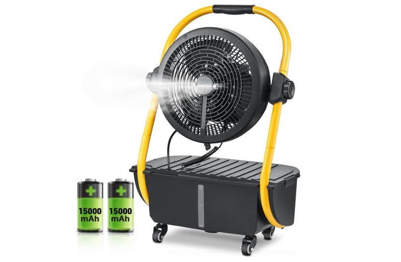 Geek Aire Battery Operated Misting Fan, 30000mAh Detachable Rechargeable Outdoor Floor Fan with 2.9 Gal Water Tank, Waterproof Battery Powered Camping Fan.