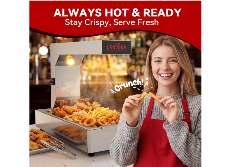 
CROSSON French Fry Food Warmer, Commercial French Fry Heat Lamp Electric Stainless Steel Fries Dump Station Countertop 5-Level Adjustable Heating Duration