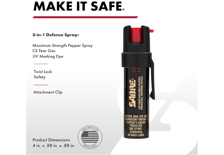  SABRE 3-in-1 Compact Defense Spray – Pepper Spray, Tear Gas & UV Dye, Max Police Strength, Belt Clip for Quick Access, 4X Longer Spray Time (Up to 13