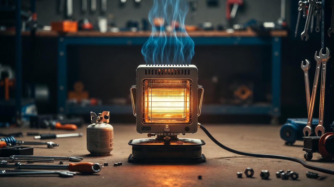 Portable small propane heater in garage workshop for efficient heating