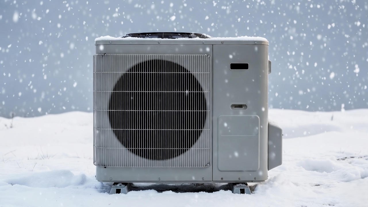 Cold-climate heat pump outdoor unit operating in snowy winter conditions.