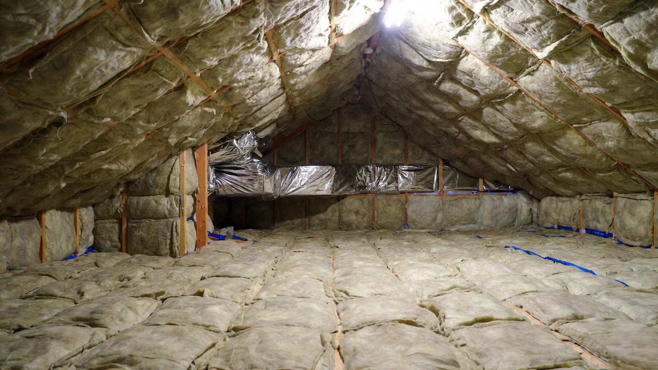 Attic insulation with fiberglass batts and sealed ducts for better heat pump efficiency.
