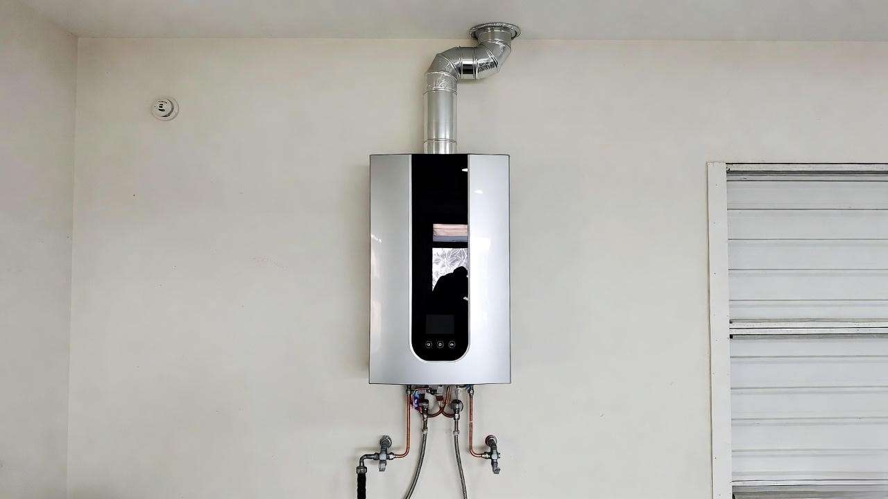 Compact wall-mounted tankless water heater in a garage installation