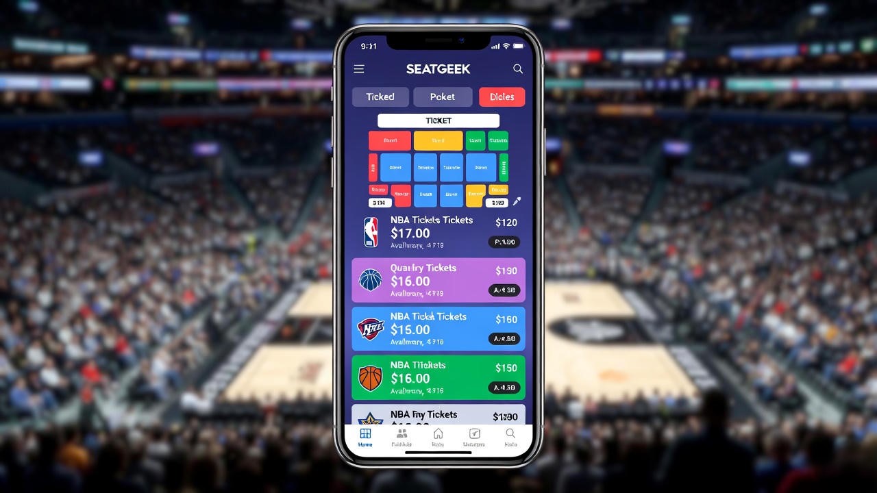 SeatGeek app showing NBA ticket deals and seat maps.