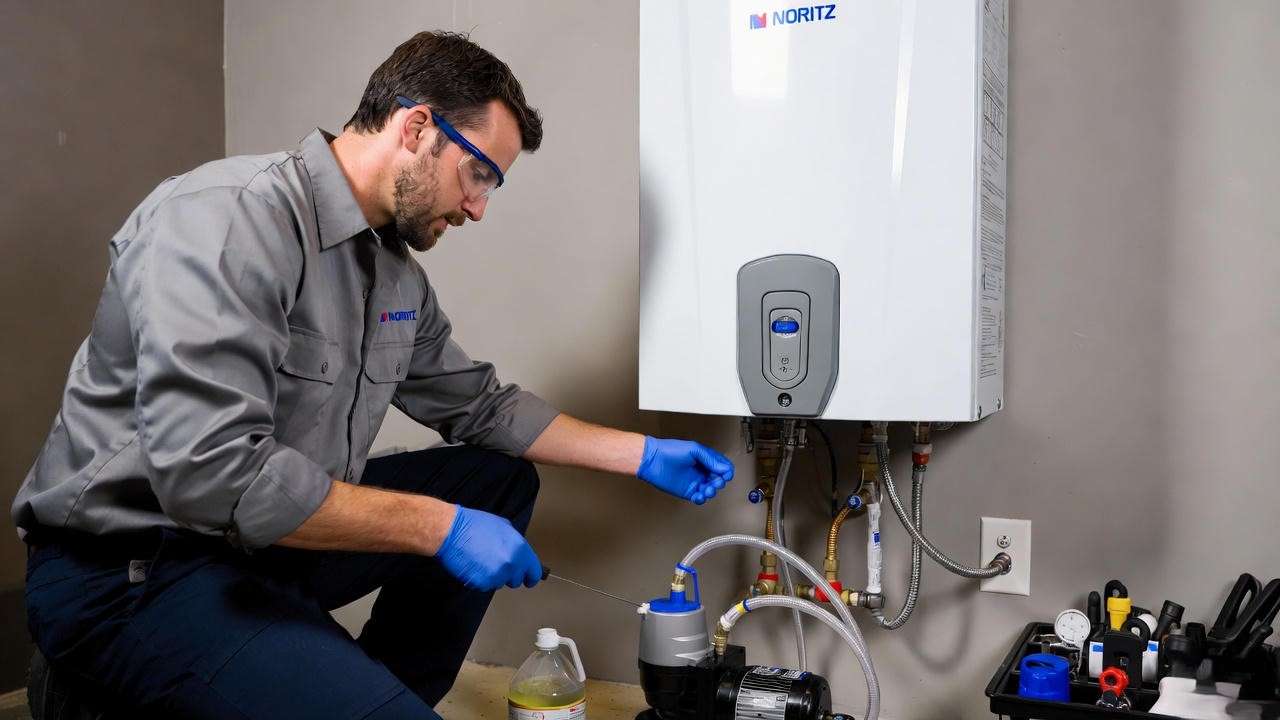 Professional annual descaling maintenance on Noritz tankless water heater with vinegar circulation