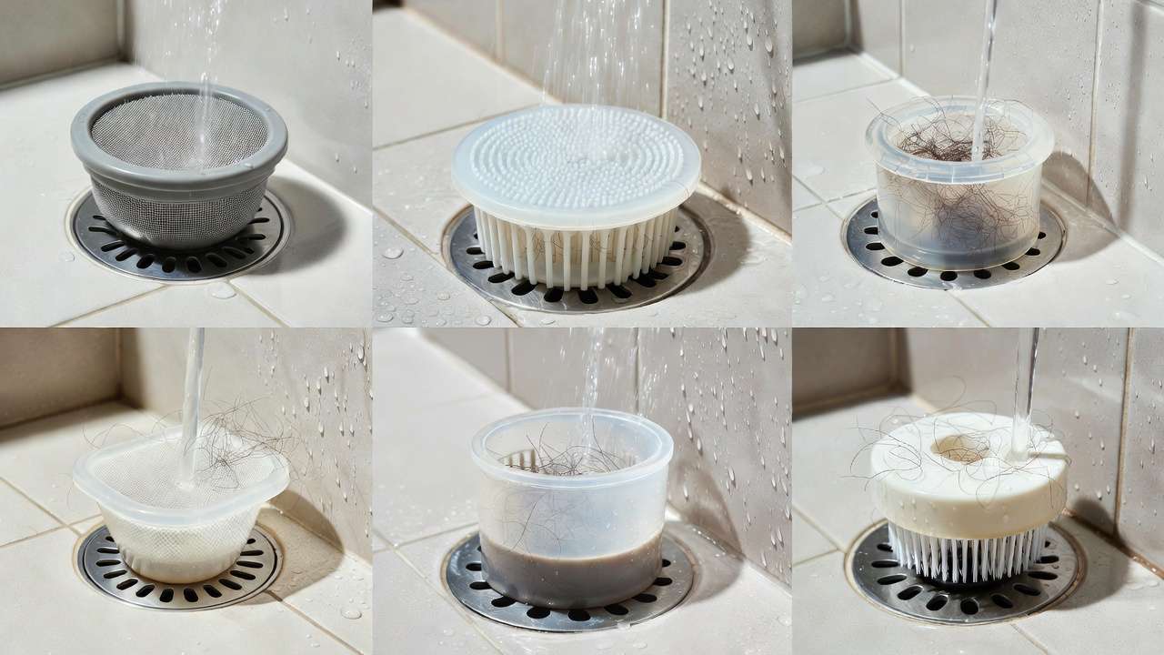 Effective hair catcher designs for preventing shower drain clogs from hair and debris.