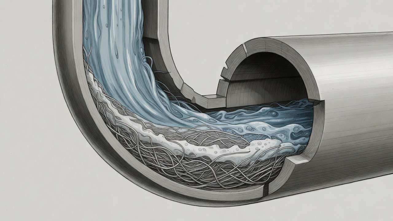 Illustration of hair clog in shower drain affecting fluid dynamics and pipe flow resistance.