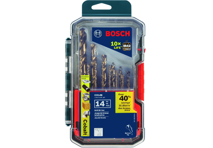 BOSCH CO14B 14-Piece Assorted Set with Included Case - Cobalt M42 Metal Drill Bits with Three-Flat Shank for Drilling Applications in Stainless Steel, Cas