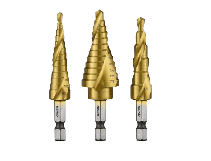 NEIKO 10181A Step Drill Bit Set, 3 Piece, Spiral Grooved for Faster Drilling, Step Bits for Stainless Steel, Metal, Wood, Plastic, Unibit Cone Drill Bits...