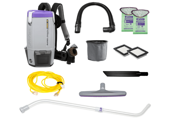 ProTeam Super Coach Pro 6 Backpack Vacuum Commercial with Telescoping Wand Tool Kit, 6 Quart, Corded, 107310