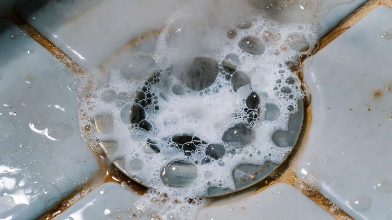 Natural baking soda and vinegar reaction to unclog shower drain with hair and soap buildup.